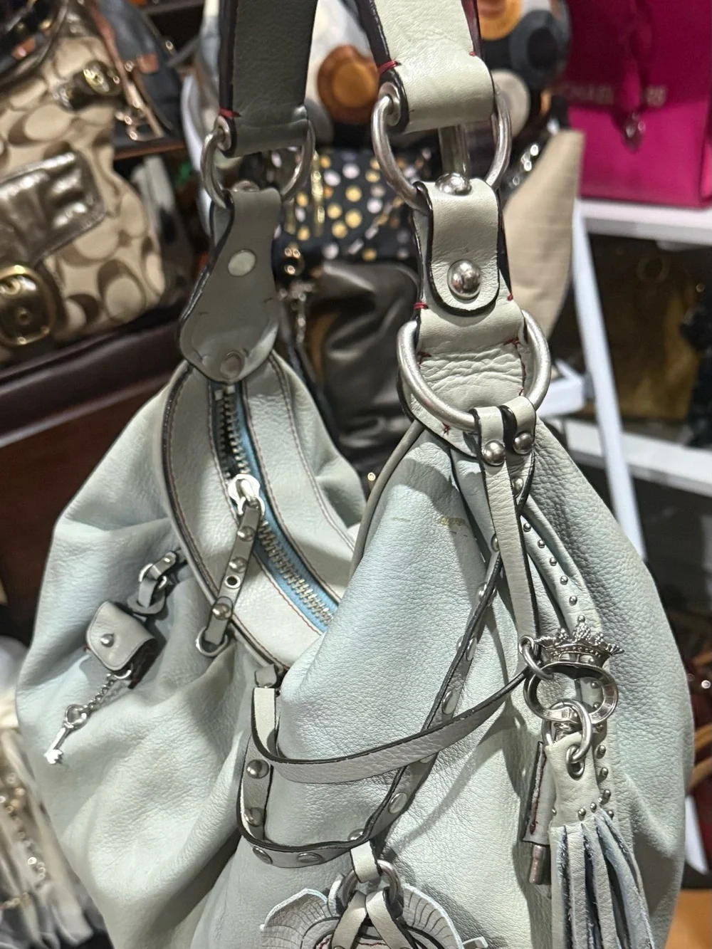 Juicy Couture Vintage Slouchy Leather Hobo bag in a Soft light blue gray tone